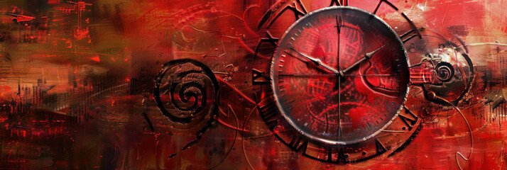 Naklejka premium Abstract interpretation of a red clock with spiral patterns and futuristic accents