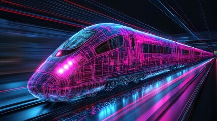 Futuristic Train Design with Neon Lights and Transparent Elements for Modern Art Projects