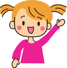Illustration of a cute girl smiling and raising her hand. Colorful, simple, flat and pink. Vector illustration