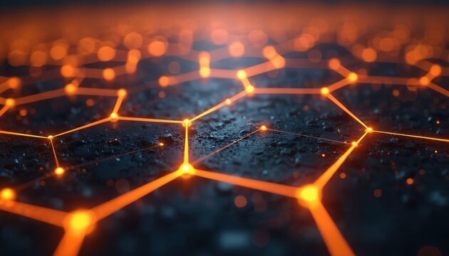 Abstract orange tech concept background. Geometric hexagonal design, digital, futuristic, innovation, modern, shape. Tech, web, colorful, virtual, network grid. Connectivity or data.