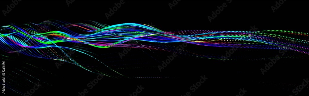 Wall mural multicolored wave of glowing dots. futuristic dot wave of bright particles, on dark background. inte