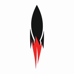 Obraz premium Sleek Black Rocket with Red Flames for Innovative Branding, on White Background
