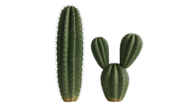 Isolated Tall Cactus and Bunny Ears Cactus Duo