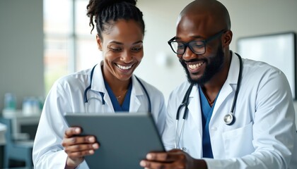 Two black doctors discuss patient data on tablet in clinic. Smiling healthcare professionals collaborate on telehealth appointment. Happy man, woman working in medical office. Teamwork, tech,
