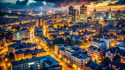 Fototapeta premium Enchanting Urban Nightlife Glowing Cityscape in Low Light Capturing the Essence of a Vibrant Night