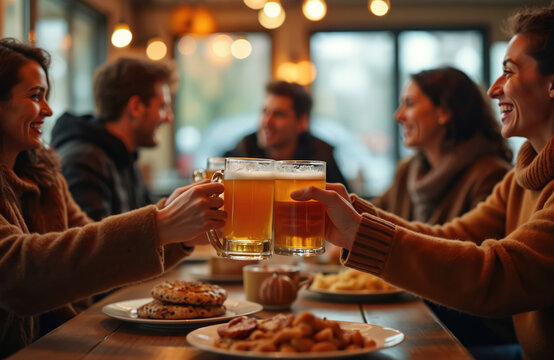 Friends gather in cozy restaurant. People cheers beer mugs. Autumn festivities. Enjoying food, drinks, sharing laughter and moments of togetherness. Casual, warm, friendly atmosphere after work.