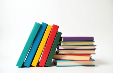 Stack colorful books isolated on white background. Education learning concept. Collection different hardcover books for reading, back to school, library, bookstore. Knowledge information.