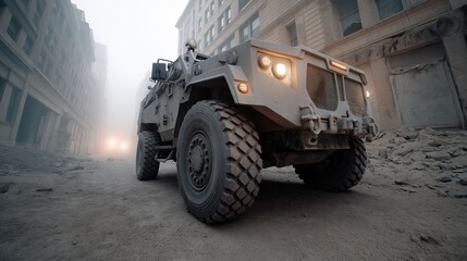 Military vehicle in a post-apocalyptic urban environment.  A dusty, gray armored vehicle navigates a street choked with debris, in a hazy, overcast urban landscape