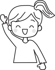 Line drawing of cute girl smiling and raising her hand. Simple, flat. Hand drawn. Vector illustration