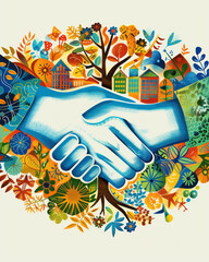 Agreement on social impact initiatives, handshake with charity projects in the background,