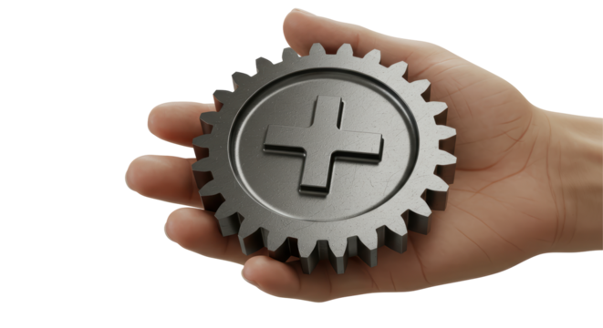 Isolated Hand Holding a Gear with a Plus Sign