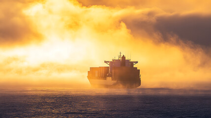 Container ship sailing through a surreal, foggy seascape, with a golden-hued sky creating a dramatic and ethereal atmosphere on the open ocean.