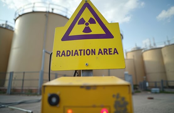 Radiation area warning sign at industrial plant. Sign with ionizing radiation symbol warns of danger. Yellow sign alerts hazardous area, chemical storage, nuclear plant. Workplace safety.