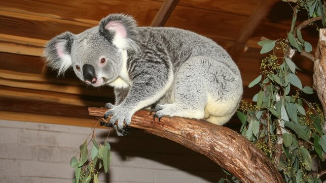 A fluffy, gray koala clings to a branch, gazing downwards with a gentle expression. It's surrounded by wood and greenery