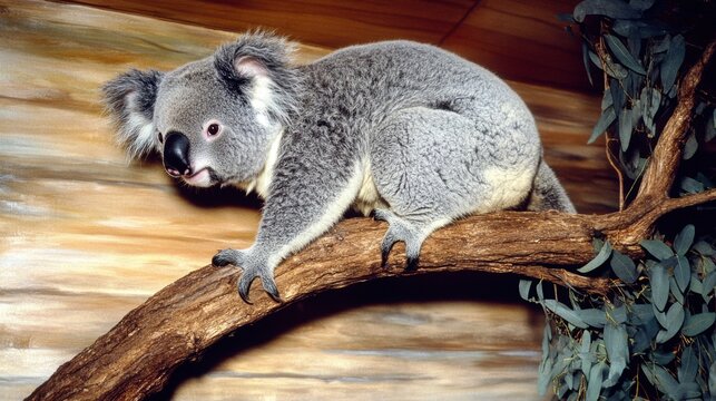 A fluffy gray koala clings to a branch, gazing slightly downward with a gentle expression. Soft lighting and eucalyptus leaves complete the scene