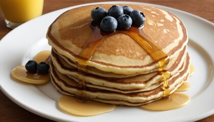 A delicious stack of homemade pancakes with sweet chocolate and honey on a white plate, perfect for a breakfast meal