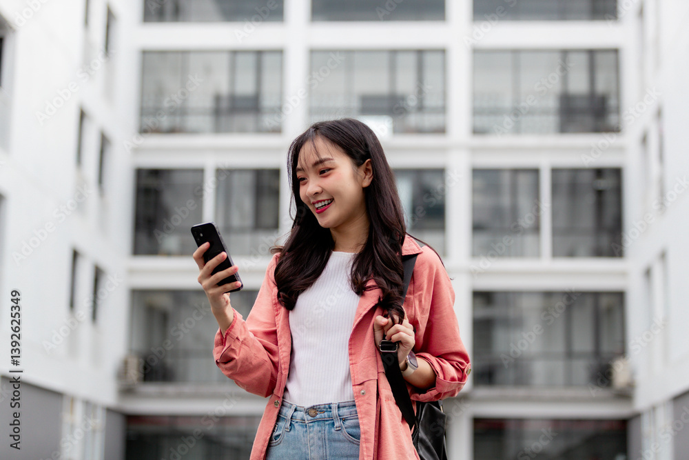Poster young asian student smiling and using smartphone in university campus