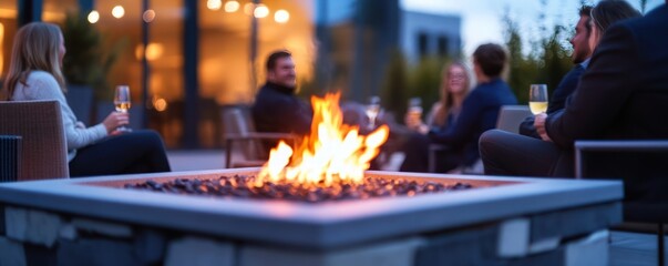 Blurred background of an outdoor terrace with friends enjoying drinks around the fire pit, with copy space on one side.