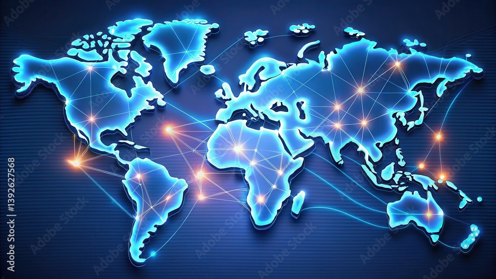 Poster neon global trade routes and policy icons in digital map design