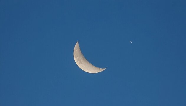 A realistic crescent moon in a clear blue sky during daytime, highly detailed lunar surface with soft shadows, minimalistic composition, serene and calm atmosphere, astronomical photography style.