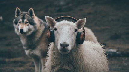 Obraz premium A sheep wearing headphones in nature