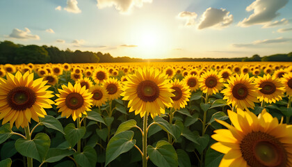 Obraz premium Sunflowers Field at Sunset