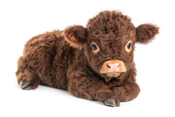 a baby cow laying down on a white surface