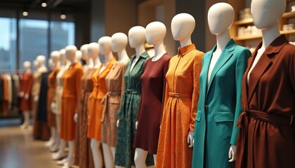 Obraz premium Stylish mannequins showcase diverse outfits in modern boutique. Clothes fashion retail concept presents various trending apparel. Shop display with dresses jackets. Retail merchandising style.