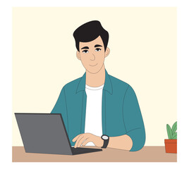 Young Man Working on Laptop Remote Work and Freelancing Concept Vector. Freelancer at Home Using Laptop Work from Home Concept Illustration.