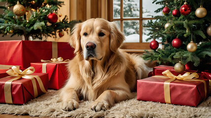 golden retriever with christmas gifts