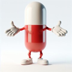 a realistic pill mascot with hands & legs, white background