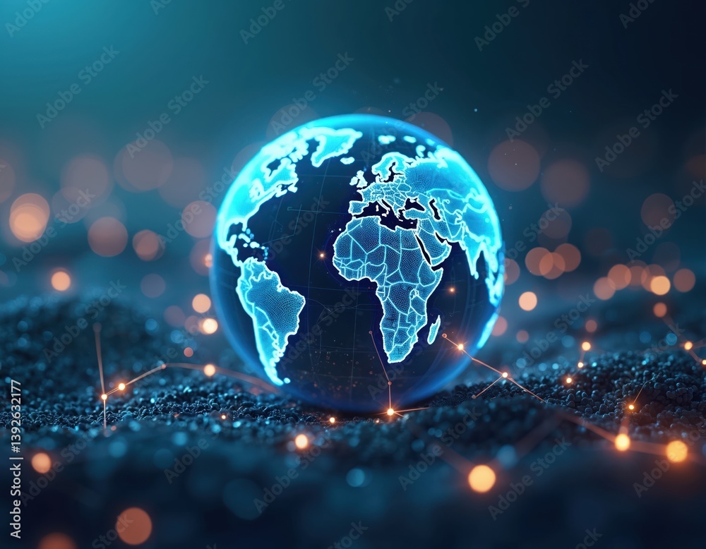 Aufkleber Abstract background featuring luminous globe representing blockchain technology. Illuminated sphere, interconnected by glowing lines, emphasizes worldwide digital connections. Illustrates global