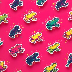 Obraz premium Colorful Frog Stickers on Bright Pink Background for Creative Projects