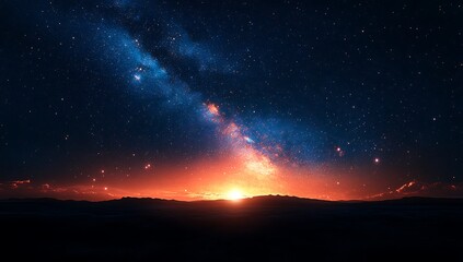 Naklejka premium Cosmic Sunrise Milky Way over Majestic Mountains.