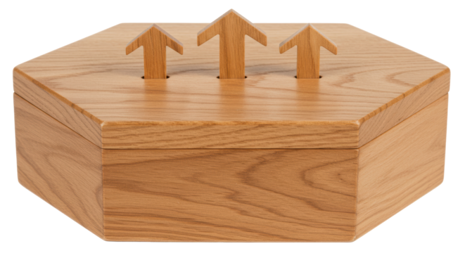 Isolated Hexagonal Wooden Box with Arrow Symbols