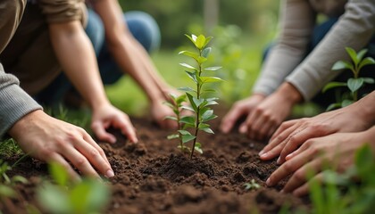 Diverse group of people planting trees together, promoting reforestation, environmental care. Hands hold saplings, plant into soil. Nature, ecology concept, save planet, environmental protection, new