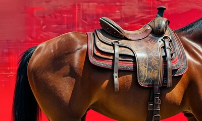 Detailed horse saddle against vibrant red wall