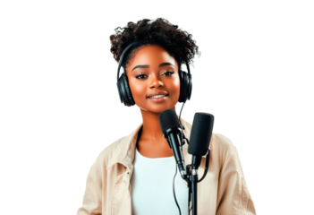 Young woman with headphones smiles while singing into a microphone isolated on transparent background