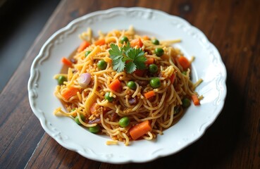 Chatpate Nepali street food dish. Noodles with vegetables and spices. Indian, Asian cuisine meal on white plate. Closeup view of chatpate lunch on wood table.