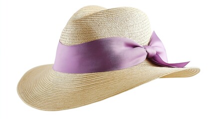 A light beige straw sun hat with a  ribbon band, viewed from a three-quarter angle, isolated on a pure white background