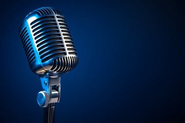 Classic microphone on blue backdrop, evoking nostalgia and the golden age of broadcasting