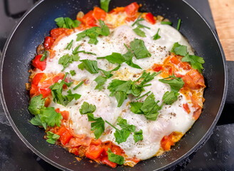 A delicious shakshuka dish cooking in a skillet, featuring perfectly poached eggs over a bed of sauteed tomatoes, red peppers, onions, and topped with fresh parsley