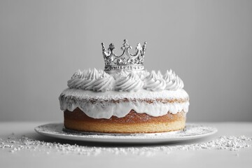 Round cake with white icing and silver crown celebrating a special occasion