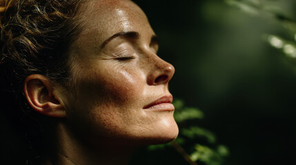 Breathing deeply in a serene forest, sunbeams warming the face, creating a tranquil moment surrounded by lush greenery and fresh air