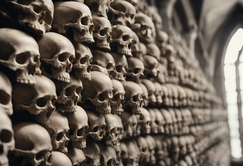 Obraz premium church skulls wall ossuary cemetery skull human grave dead halloween grisly death fear bone darkness horror real