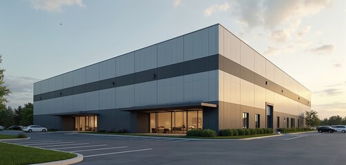 Modern logistic business warehouse exterior with parking lot. Commercial office building, cargo dispatch terminal, storage. Modern architecture, industrial estate. Delivering products, goods,