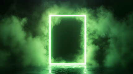 Naklejka premium Green neon frame in smoky scene