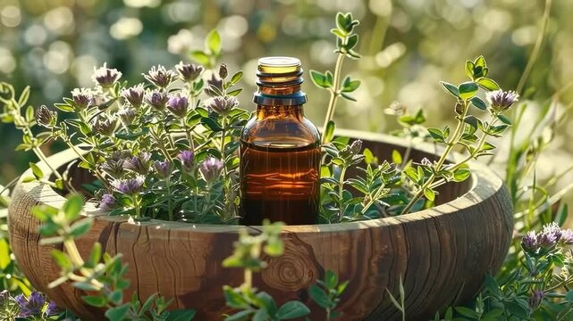 cumin essential oil and mortar. Selective focus