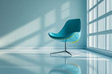 Sunlight illuminating a stylish blue chair in a minimalist interior with a large window