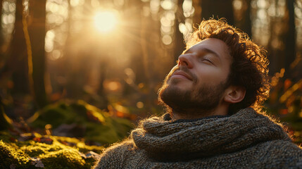 Man enjoys peaceful forest therapy on mossy ground with golden sunlight filtering through tall trees in a tranquil atmosphere